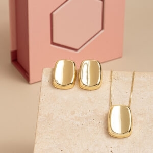 (KIT PREMIUM) CONJUNTO RETANGULAR ABAULADO ESPELHADO SEMIJOIA BANHADA OURO 18K 45CM