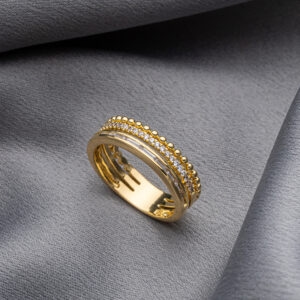 ANEL TRIPLO BOLINHAS BAGUETE E CRAV SEMIJOIA BANHADA OURO 18K